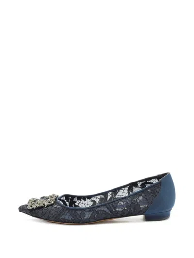 Pre-owned Manolo Blahnik Hangisi Lace Ballet Flats In Blue