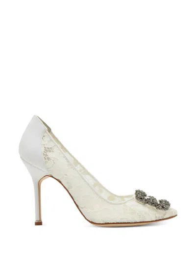 Manolo Blahnik Hangisi Lace Pumps In White