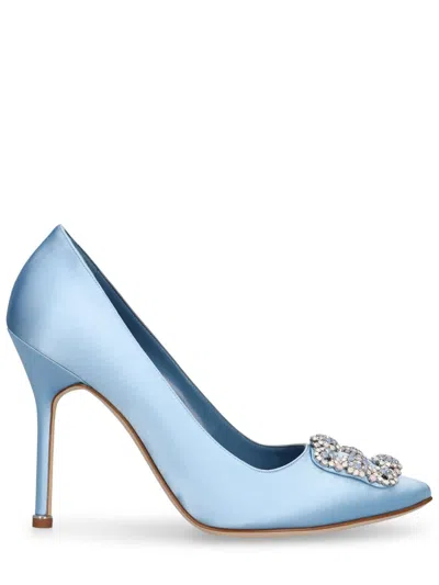 Pre-owned Manolo Blahnik Hangisi Light Blue Satin 105mm Pumps