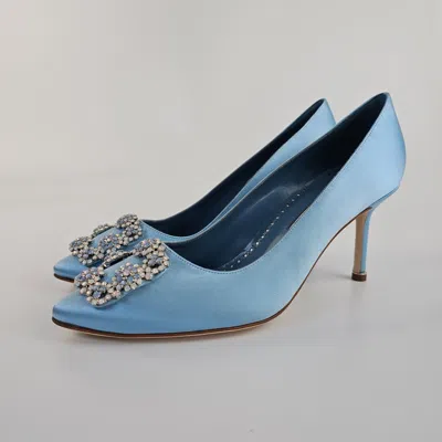 Pre-owned Manolo Blahnik Hangisi Light Blue Satin 70mm Pumps Ss24