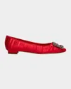 Manolo Blahnik Hangisi Pleated Satin Buckle Ballerina Flats In Red