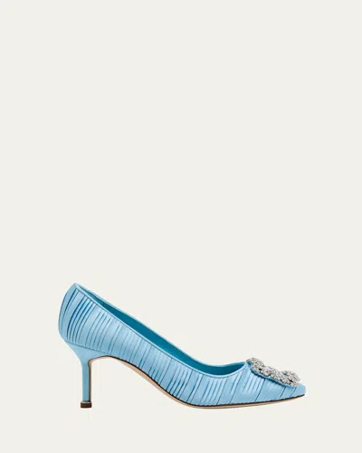 Manolo Blahnik Hangisi Pleated Satin Buckle Pumps In Light Blue