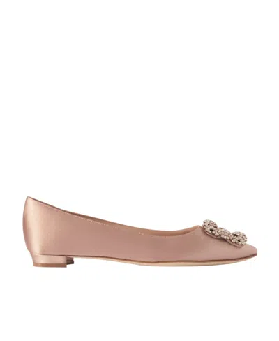 Manolo Blahnik Hangisi Crystal-embellished Satin Point-toe Flats In Neutrals