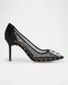 Manolo Blahnik Hangisi 90 Satin-trimmed Crystal-embellished Flocked Mesh Pumps In Black