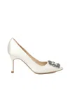 Manolo Blahnik Hangisi Pumps With White Satin Jeweled Buckle In White