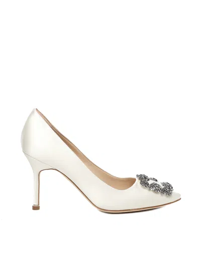 Manolo Blahnik Hangisi Pumps With White Satin Jeweled Buckle