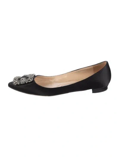 Pre-owned Manolo Blahnik Hangisi Satin Ballet Flats In Black