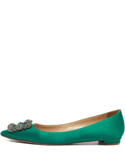 Pre-owned Manolo Blahnik Hangisi Satin Ballet Flats In Green