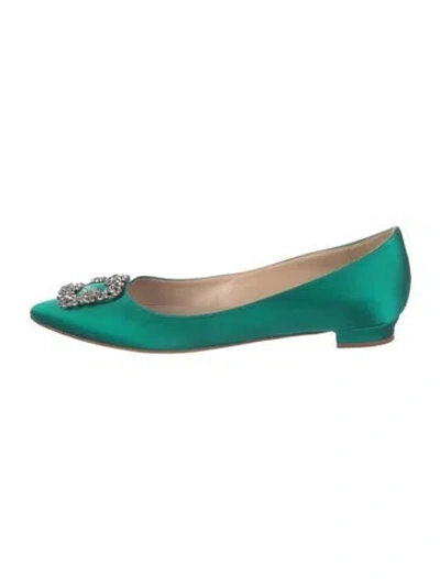 Pre-owned Manolo Blahnik Hangisi Satin Ballet Flats In Green