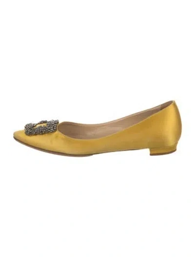 Pre-owned Manolo Blahnik Hangisi Satin Ballet Flats In Yellow