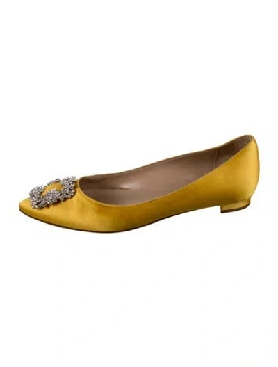 Pre-owned Manolo Blahnik Hangisi Satin Ballet Flats In Yellow