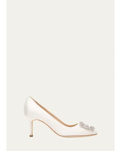 Manolo Blahnik Hangisi Satin Jewel Buckle Pumps In White
