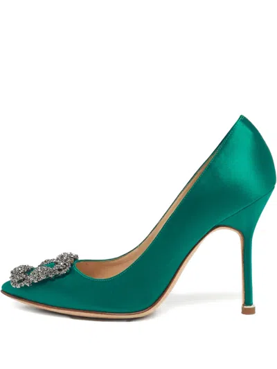 Pre-owned Manolo Blahnik Hangisi Satin Buckle Pumps In Green