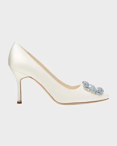 Manolo Blahnik 70mm Hangisi Satin Pumps With Crystal Buckle In White