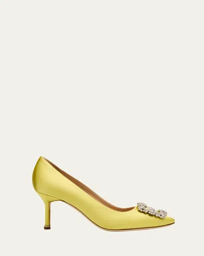 Manolo Blahnik Hangisi Satin Buckle Pumps In Yellow