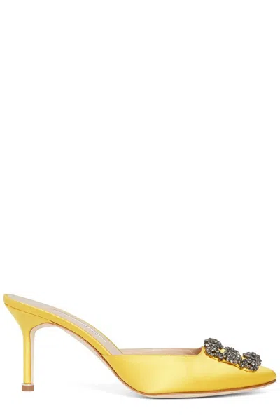 Manolo Blahnik Hangisi Satin Embellished Buckle Mules In Yellow