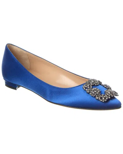 Manolo Blahnik Hangisi Crystal-embellished Satin Point-toe Flats In Blue