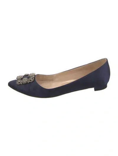 Pre-owned Manolo Blahnik Hangisi Satin Flats In Blue