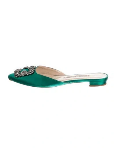 Pre-owned Manolo Blahnik Hangisi Satin Mules In Green