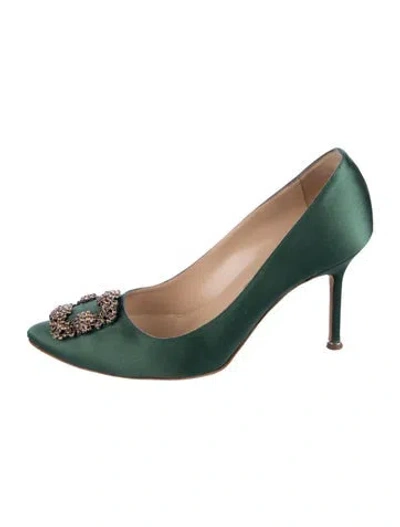 Pre-owned Manolo Blahnik Hangisi Satin Pumps In Green