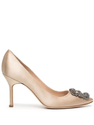 Manolo Blahnik Hangisi 90 Satin Pumps With Fmc Crystal Buckle In Neutral