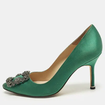 Pre-owned Manolo Blahnik Hangisi Size 34.5 Green Satin Pumps
