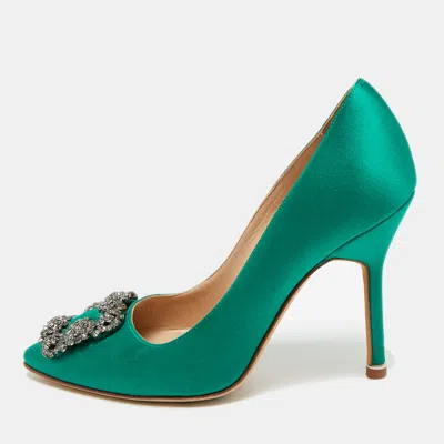 Pre-owned Manolo Blahnik Hangisi Size 35.5 Green Satin Pumps