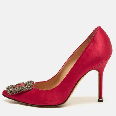 Pre-owned Manolo Blahnik Hangisi Size 35.5 Red Satin Pumps