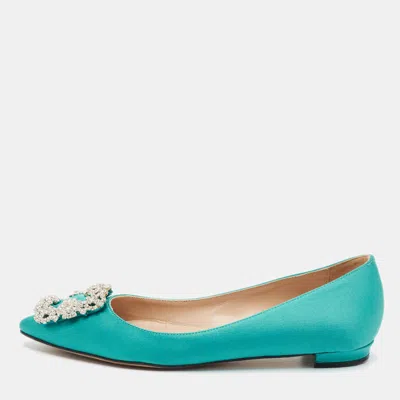 Pre-owned Manolo Blahnik Hangisi Size 35.5 Teal Satin Ballet Flats In Blue