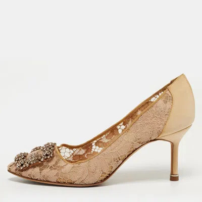 Pre-owned Manolo Blahnik Hangisi Size 36 Beige/pink Fabric And Lace Crystal Embellished Pumps In Sand