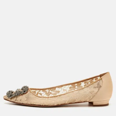 Pre-owned Manolo Blahnik Hangisi Size 36.5 Beige Lace And Satin Embellished Ballet Flats In Sand