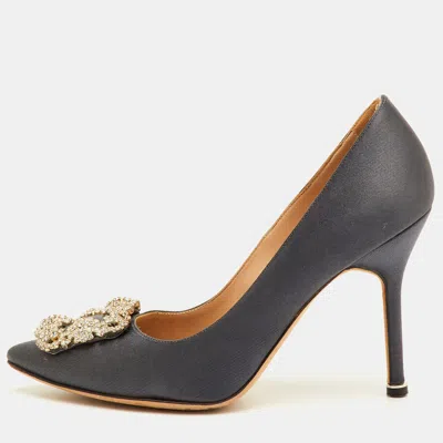 Pre-owned Manolo Blahnik Hangisi Size 36.5 Dark Grey Satin Crystal Embellished Pumps In Gray