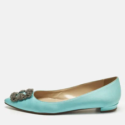 Pre-owned Manolo Blahnik Hangisi Size 38 Blue Satin Ballet Flats