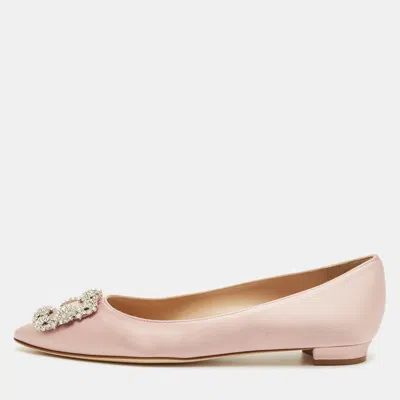 Pre-owned Manolo Blahnik Hangisi Size 38 Pink Satin Crystal Embellished Ballet Flats
