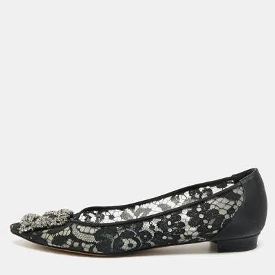 Pre-owned Manolo Blahnik Hangisi Size 38.5 Black Lace And Satin Ballet Flats
