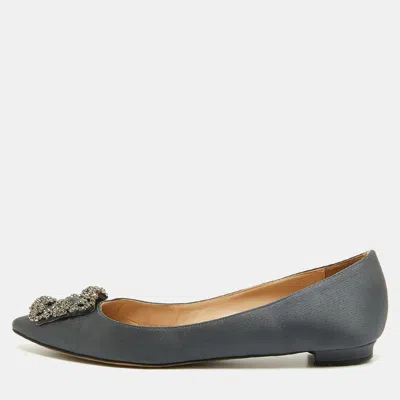 Pre-owned Manolo Blahnik Hangisi Size 38.5 Dark Grey Satin Ballet Flats In Gray