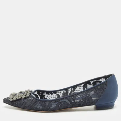 Pre-owned Manolo Blahnik Hangisi Size 38.5 Navy Blue Lace And Neoprene Ballet Flats