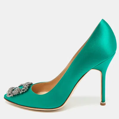 Pre-owned Manolo Blahnik Hangisi Size 39 Green Satin Pumps