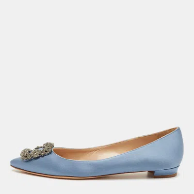 Pre-owned Manolo Blahnik Hangisi Size 39.5 Blue Satin Ballet Flats