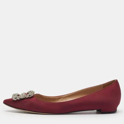 Pre-owned Manolo Blahnik Hangisi Size 39.5 Burgundy Satin Ballet Flats