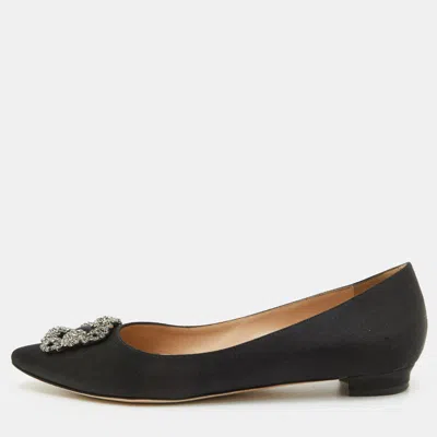Pre-owned Manolo Blahnik Hangisi Size 41.5 Black Satin Crystal Embellished Ballet Flats