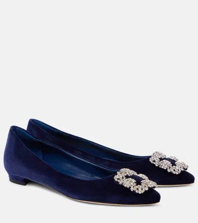 Manolo Blahnik Hangisi Velvet Ballet Flats In Blue