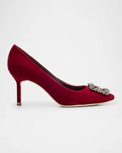 Manolo Blahnik Hangisi Velvet Pumps With Crystal Buckle In Red