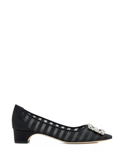 Manolo Blahnik Hangisibar Crystal-buckle Striped Pumps In Black