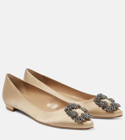 Manolo Blahnik Hangisiflat 70 Embellished Satin Ballet Flats In Brown