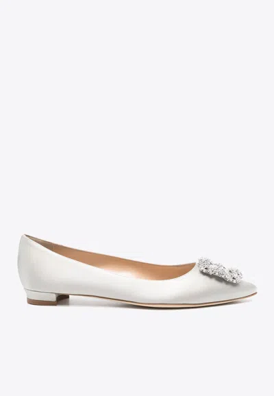 MANOLO BLAHNIK HANGISIFLAT CRYSTAL BUCKLE SATIN BALLET FLATS