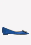 Manolo Blahnik Hangisi Crystal-embellished Satin Point-toe Flats In Blue