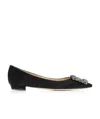 Manolo Blahnik Hangisi Fmc Crystal Buckle Satin Flats In Black