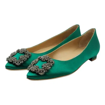 Pre-owned Manolo Blahnik Hangisiflat Jewel Buckle Flat Pumps Satin In Green