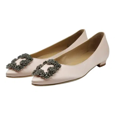 Pre-owned Manolo Blahnik Hangisiflat Jewel Buckle Flat Pumps Satin In Light Pink Size 35